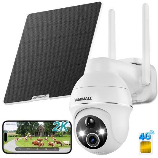 ZUMIMALL 4G LTE Cellular Solar Powered  2K Outdoor security Camera-G1K(White)