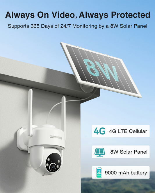 ZUMIMALL 4G LTE AOV Solar Powered Security Camera ,No WiFi,360° View 24/7 Recording-G3K